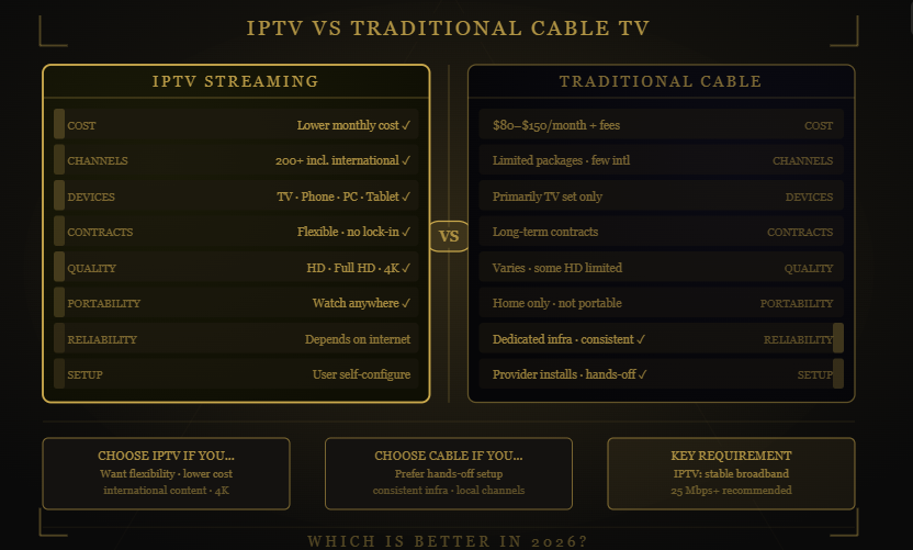 Drogon TV IPTV versus cable TV comparison chart highlighting features and benefits.