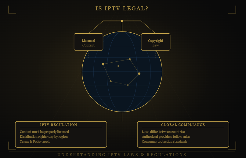 Drogon TV IPTV legality infographic explaining licensed content, copyright laws, streaming regulations, legal IPTV services, and consumer compliance requirements.