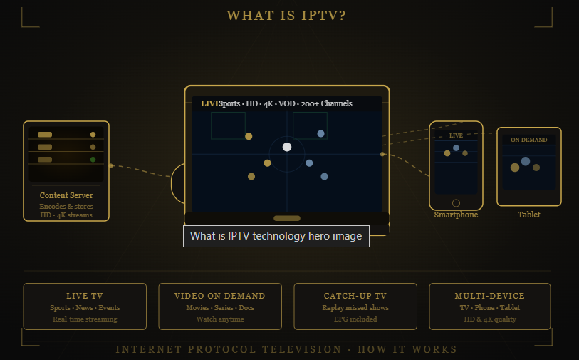 What is Drogon TV IPTV infographic showing live TV, VOD, catch-up TV, multi-device streaming, and the key features of internet-based television services.